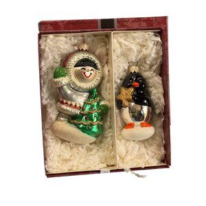 Crown Reflections Blown Glass Frosty Friends Eskimo & Penguin Christmas Ornament